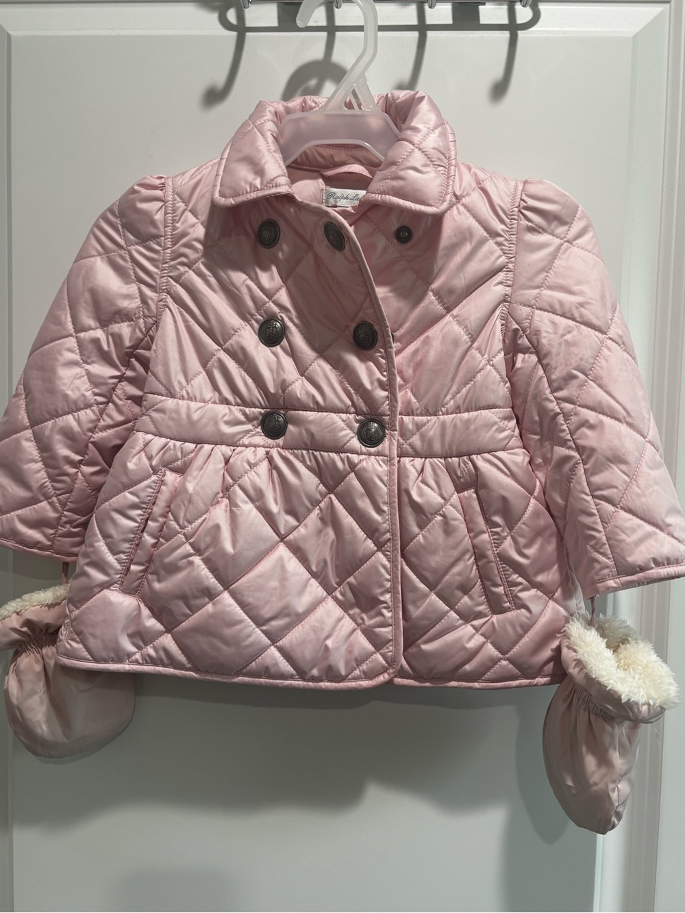 Ralph Lauren Quilted Light Pink Double-Breasted Puffer Jacket with Mittens